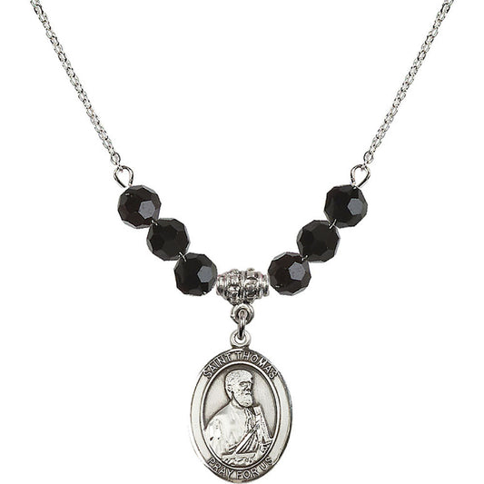 Sterling Silver Saint Thomas the Apostle Birthstone Necklace with Jet Beads - 8107