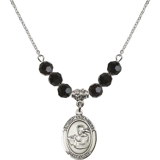 Sterling Silver Saint Thomas Aquinas Birthstone Necklace with Jet Beads - 8108