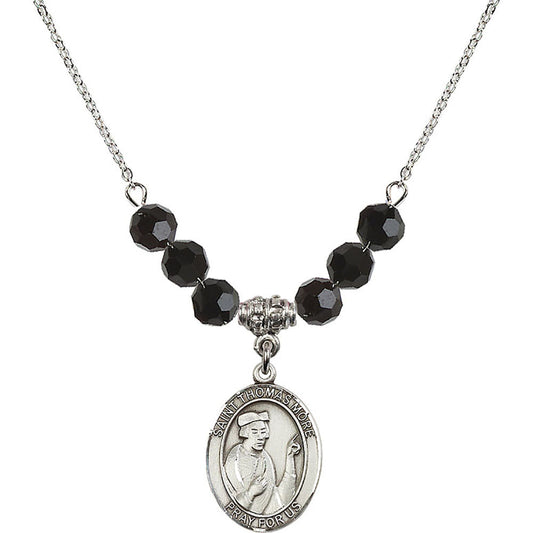 Sterling Silver Saint Thomas More Birthstone Necklace with Jet Beads - 8109