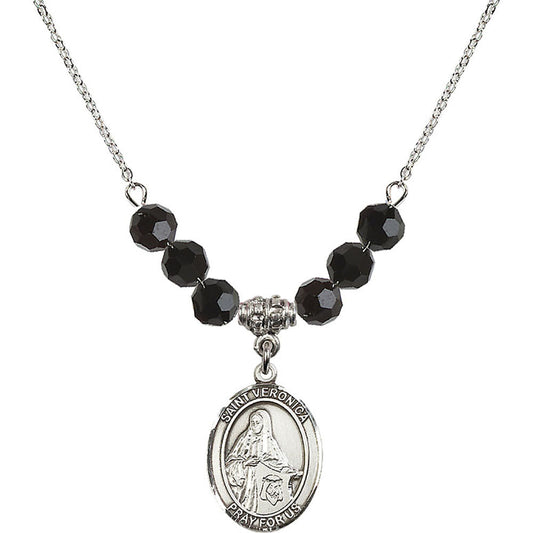 Sterling Silver Saint Veronica Birthstone Necklace with Jet Beads - 8110