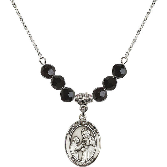 Sterling Silver Saint John of God Birthstone Necklace with Jet Beads - 8112