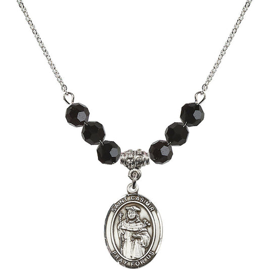 Sterling Silver Saint Casimir of Poland Birthstone Necklace with Jet Beads - 8113