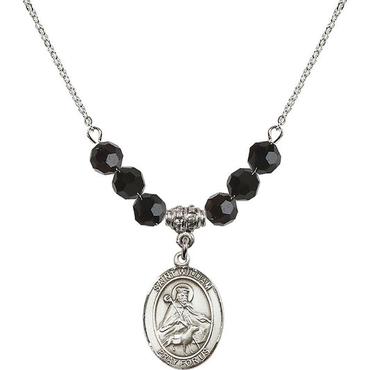Sterling Silver Saint William of Rochester Birthstone Necklace with Jet Beads - 8114