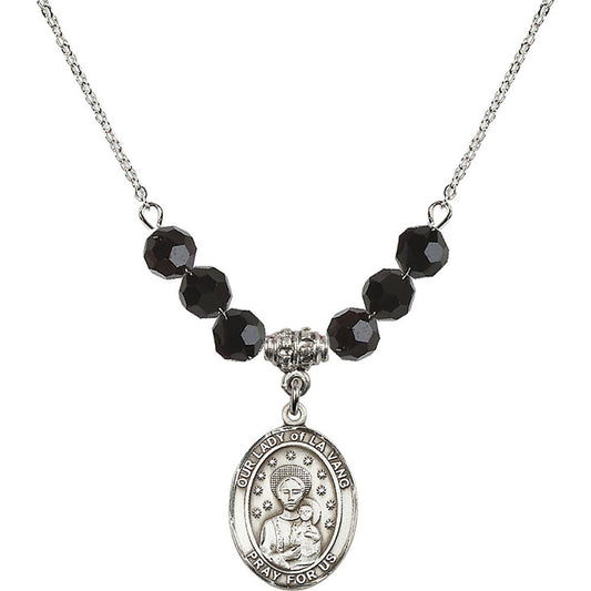 Sterling Silver Our Lady of la Vang Birthstone Necklace with Jet Beads - 8115