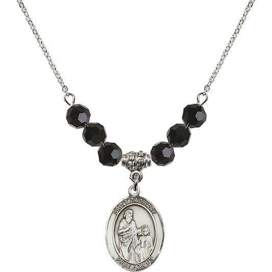 Sterling Silver Saint Zachary Birthstone Necklace with Jet Beads - 8116