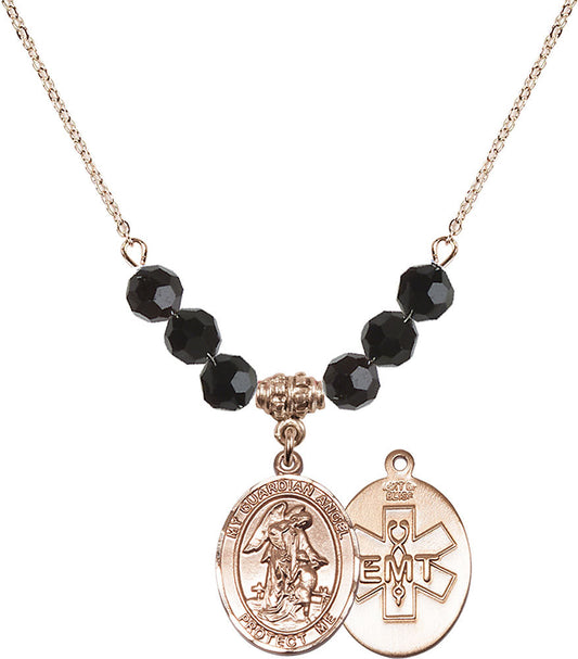 14kt Gold Filled Guardian Angel / EMT Birthstone Necklace with Jet Beads - 8118