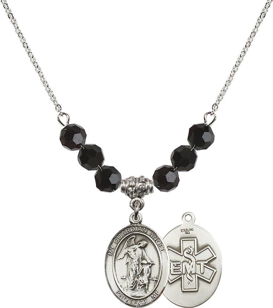 Sterling Silver Guardian Angel / EMT Birthstone Necklace with Jet Beads - 8118