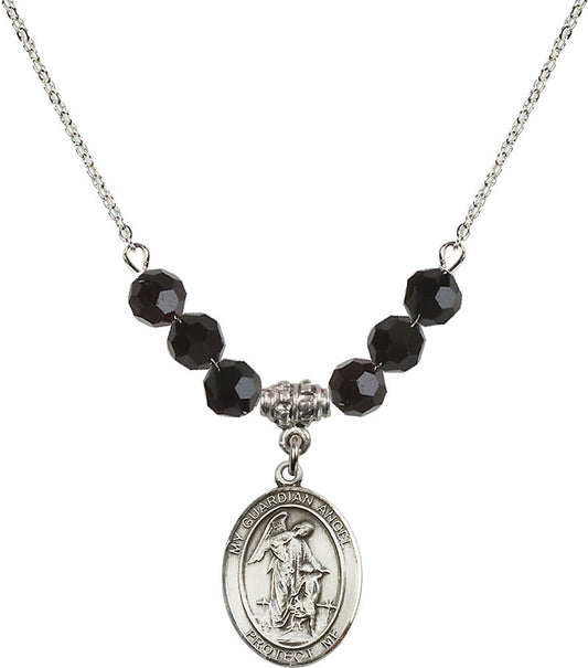 Sterling Silver Guardian Angel w/Child Birthstone Necklace with Jet Beads - 8118