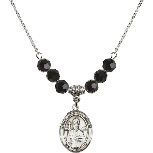 Sterling Silver Saint Leo the Great Birthstone Necklace with Jet Beads - 8120