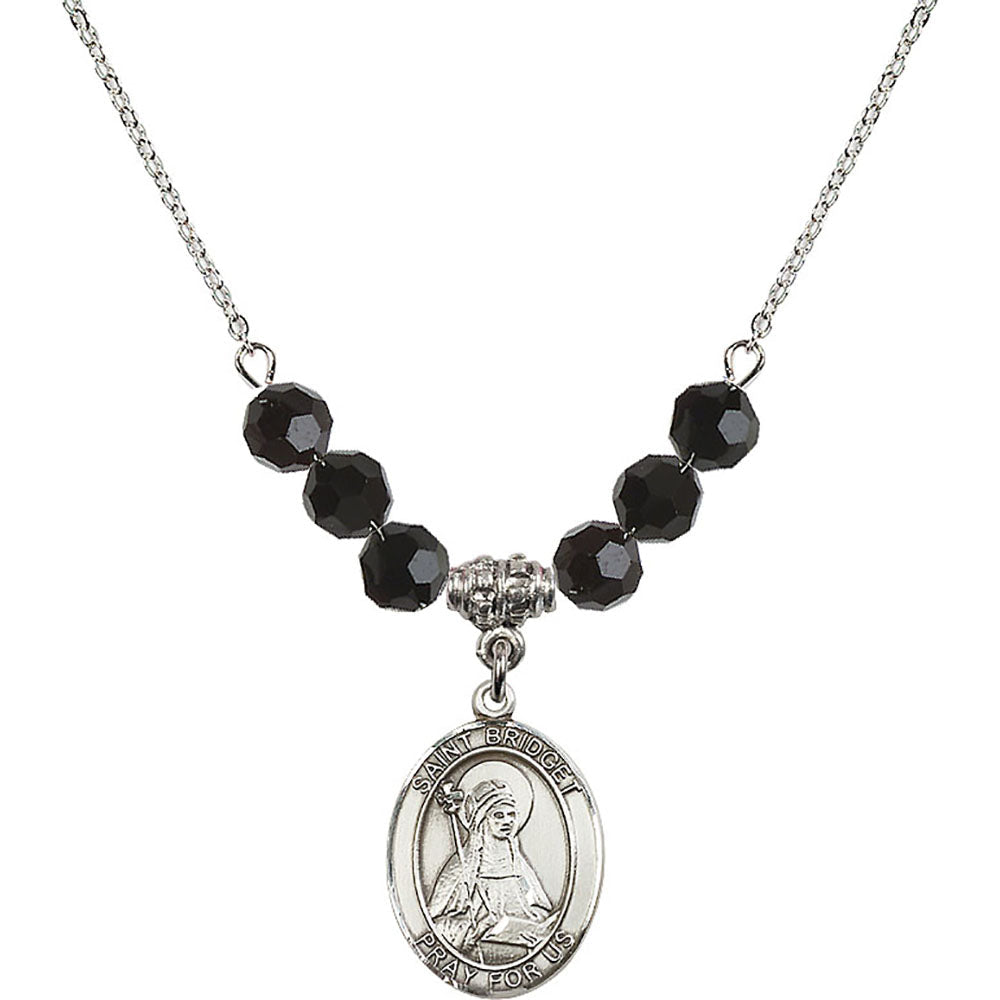 Sterling Silver Saint Bridget of Sweden Birthstone Necklace with Jet Beads - 8122