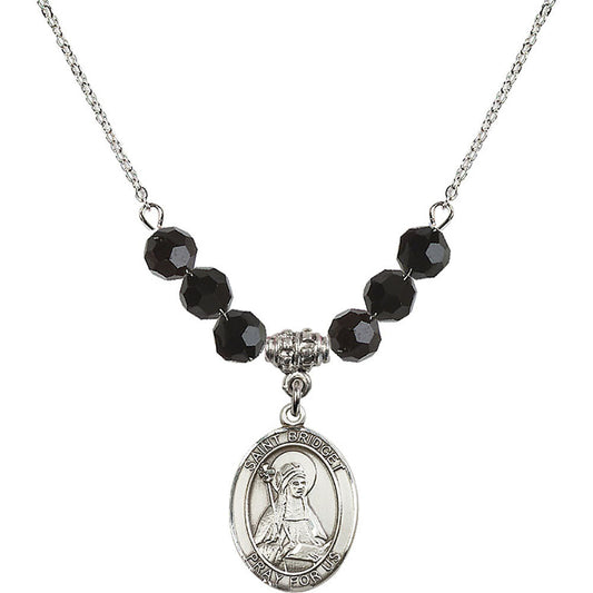 Sterling Silver Saint Bridget of Sweden Birthstone Necklace with Jet Beads - 8122