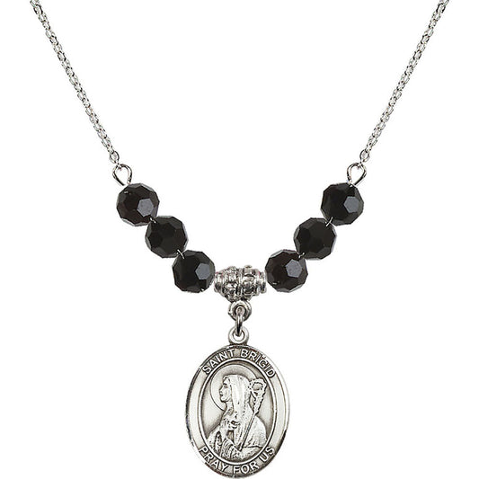 Sterling Silver Saint Brigid of Ireland Birthstone Necklace with Jet Beads - 8123
