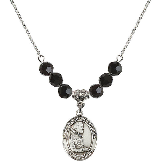Sterling Silver Saint Pio of Pietrelcina Birthstone Necklace with Jet Beads - 8125