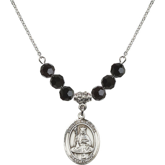 Sterling Silver Saint Walburga Birthstone Necklace with Jet Beads - 8126