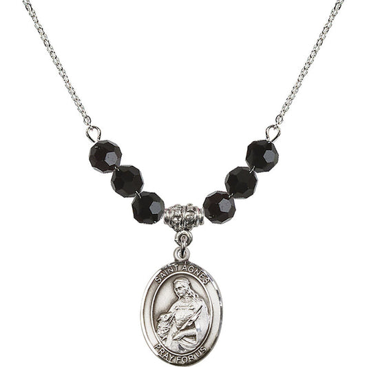 Sterling Silver Saint Agnes of Rome Birthstone Necklace with Jet Beads - 8128