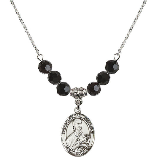 Sterling Silver Saint Gemma Galgani Birthstone Necklace with Jet Beads - 8130