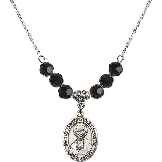 Sterling Silver Saint Marcellin Champagnat Birthstone Necklace with Jet Beads - 8131