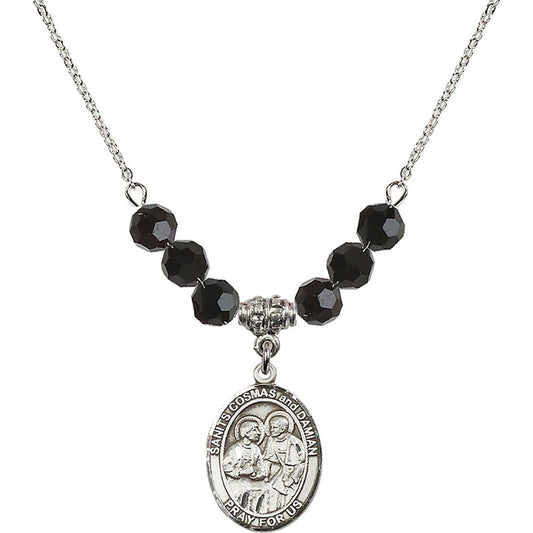 Sterling Silver Saints Cosmas & Damian Birthstone Necklace with Jet Beads - 8132