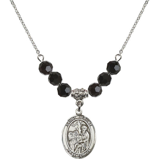 Sterling Silver Saint Jerome Birthstone Necklace with Jet Beads - 8135