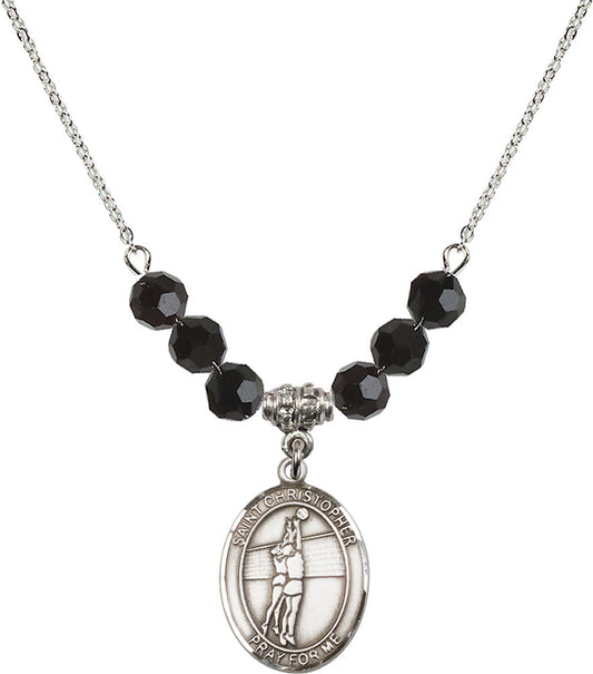 Sterling Silver Saint Christopher/Volleyball Birthstone Necklace with Jet Beads - 8138