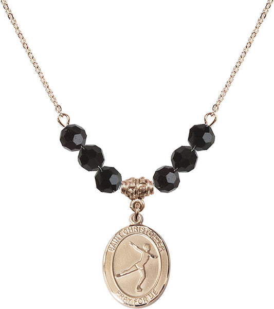 14kt Gold Filled Saint Christopher/Figure Skating Birthstone Necklace with Jet Beads - 8139