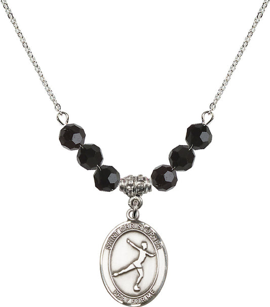Sterling Silver Saint Christopher/Figure Skating Birthstone Necklace with Jet Beads - 8139