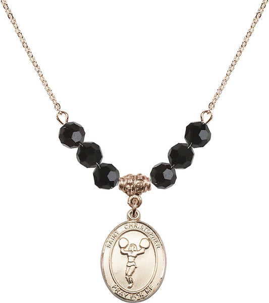 14kt Gold Filled Saint Christopher/Cheerleading Birthstone Necklace with Jet Beads - 8140