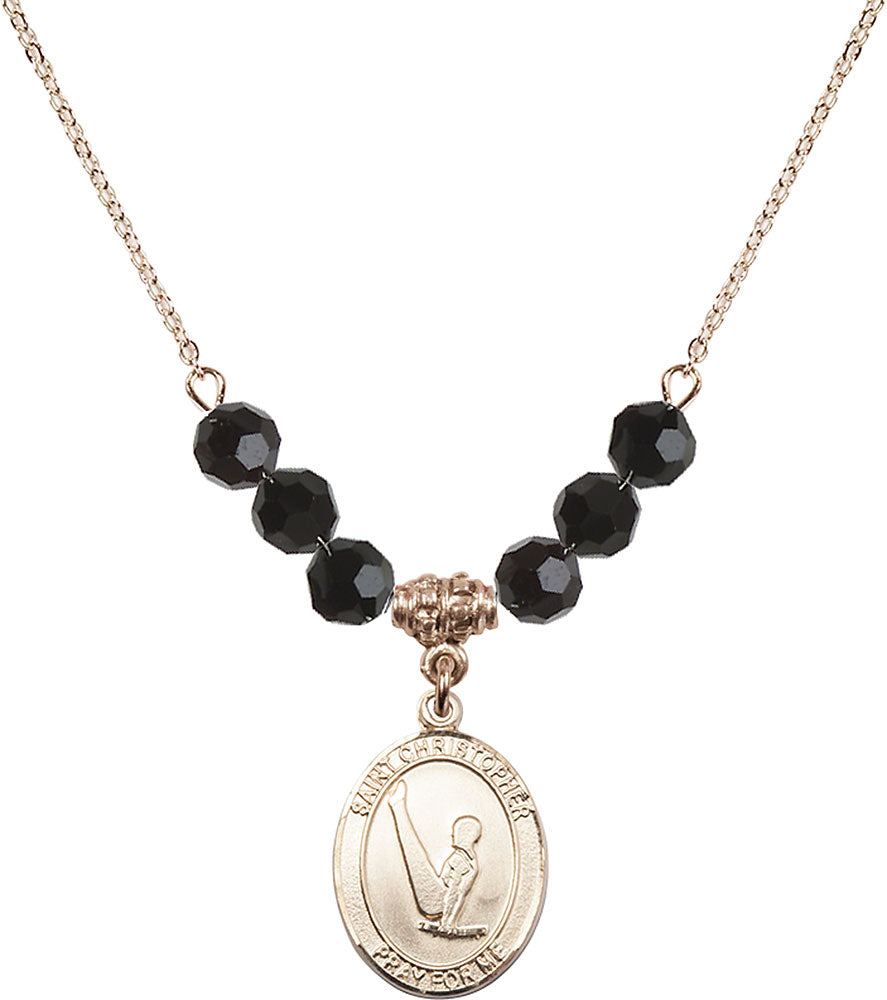 14kt Gold Filled Saint Christopher/Gymnastics Birthstone Necklace with Jet Beads - 8142