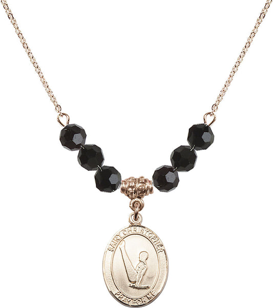 14kt Gold Filled Saint Christopher/Gymnastics Birthstone Necklace with Jet Beads - 8142