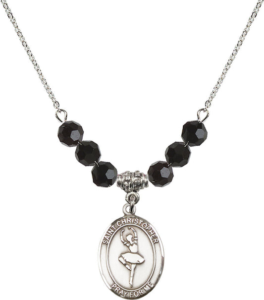 Sterling Silver Saint Christopher/Dance Birthstone Necklace with Jet Beads - 8143