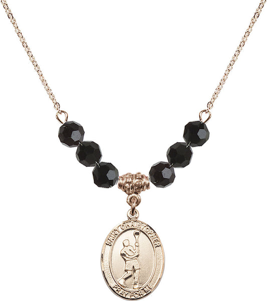14kt Gold Filled Saint Christopher/Lacrosse Birthstone Necklace with Jet Beads - 8144