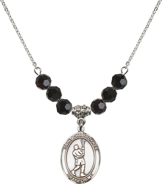 Sterling Silver Saint Christopher/Lacrosse Birthstone Necklace with Jet Beads - 8144