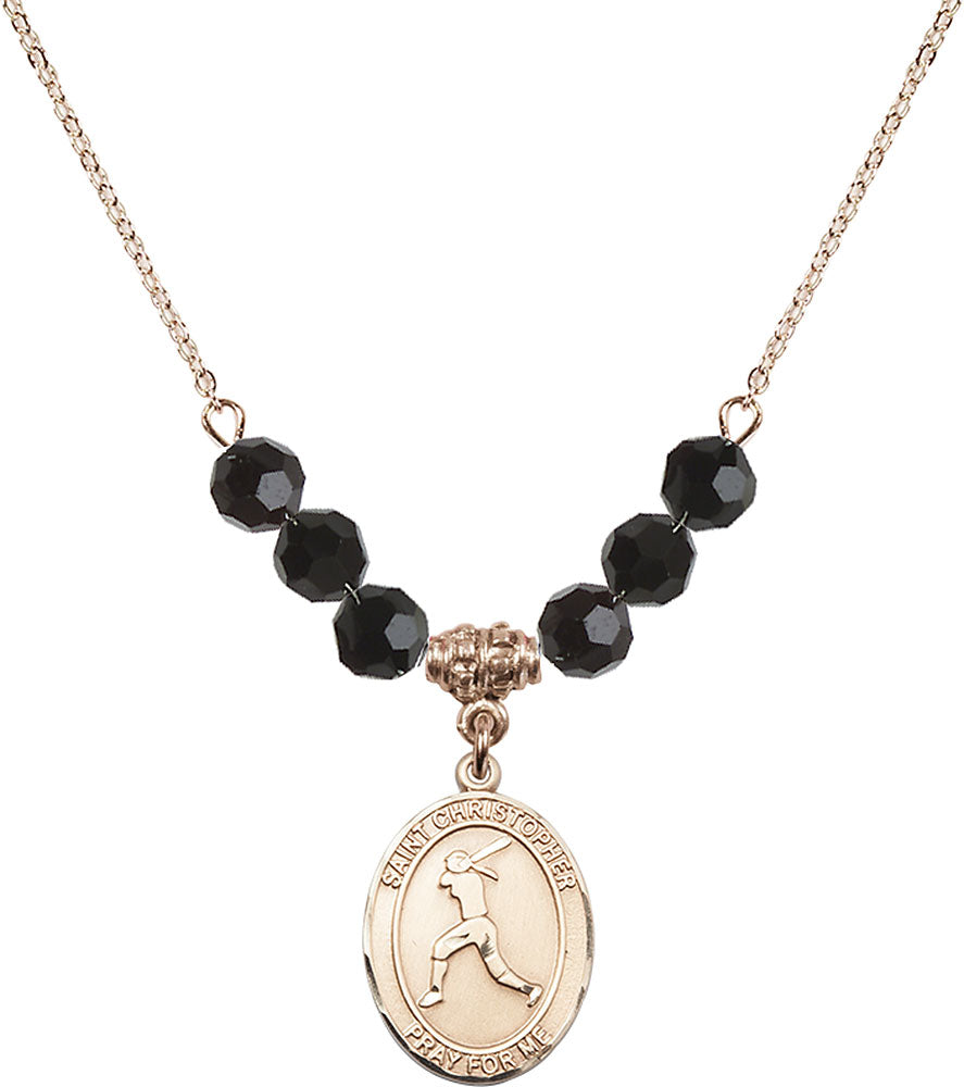 14kt Gold Filled Saint Christopher/Softball Birthstone Necklace with Jet Beads - 8145