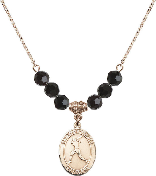 14kt Gold Filled Saint Christopher/Softball Birthstone Necklace with Jet Beads - 8145