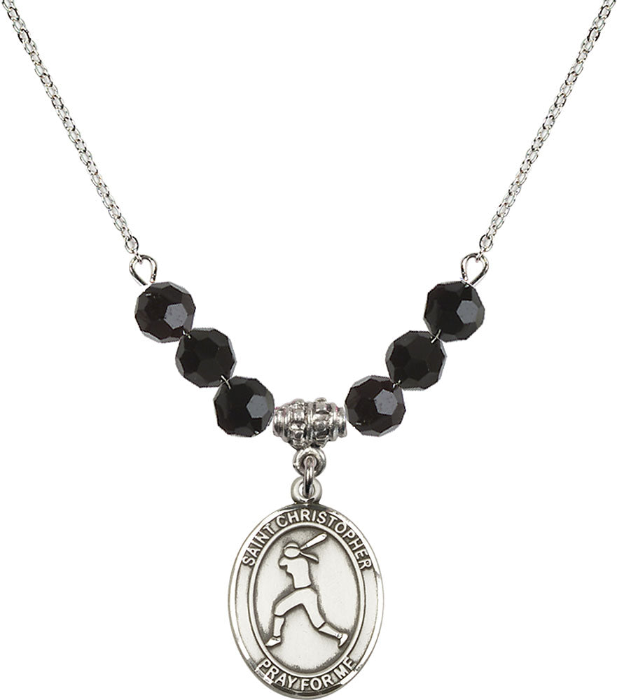 Sterling Silver Saint Christopher/Softball Birthstone Necklace with Jet Beads - 8145