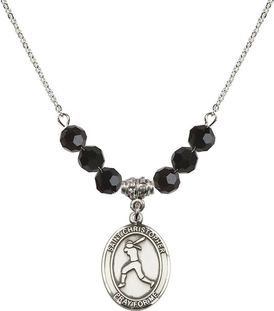 Sterling Silver Saint Christopher/Softball Birthstone Necklace with Jet Beads - 8145