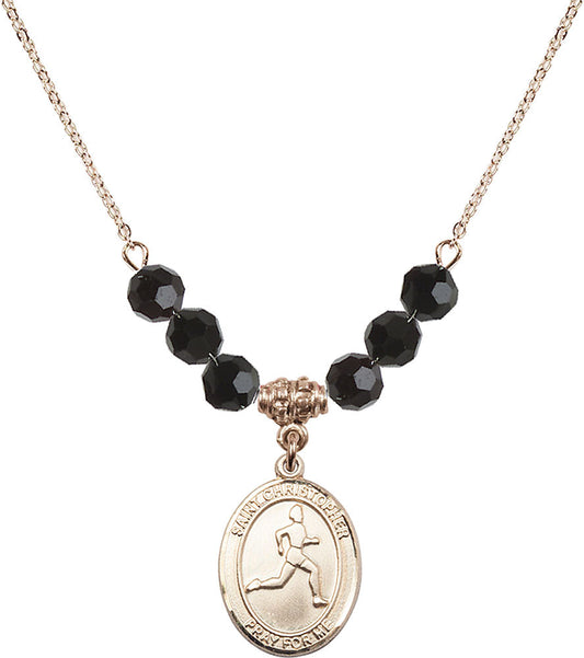 14kt Gold Filled Saint Christopher/Track & Field Birthstone Necklace with Jet Beads - 8149
