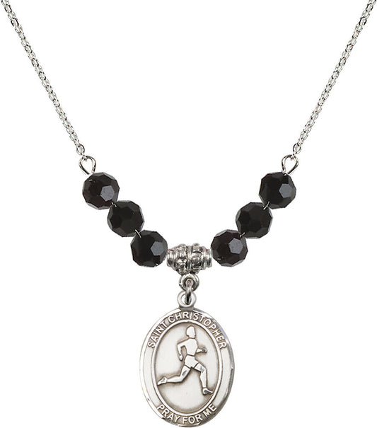 Sterling Silver Saint Christopher/Track & Field Birthstone Necklace with Jet Beads - 8149