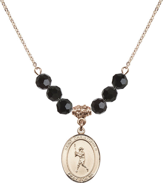 14kt Gold Filled Saint Christopher/Baseball Birthstone Necklace with Jet Beads - 8150