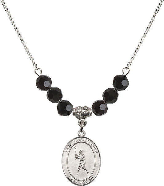Sterling Silver Saint Christopher/Baseball Birthstone Necklace with Jet Beads - 8150