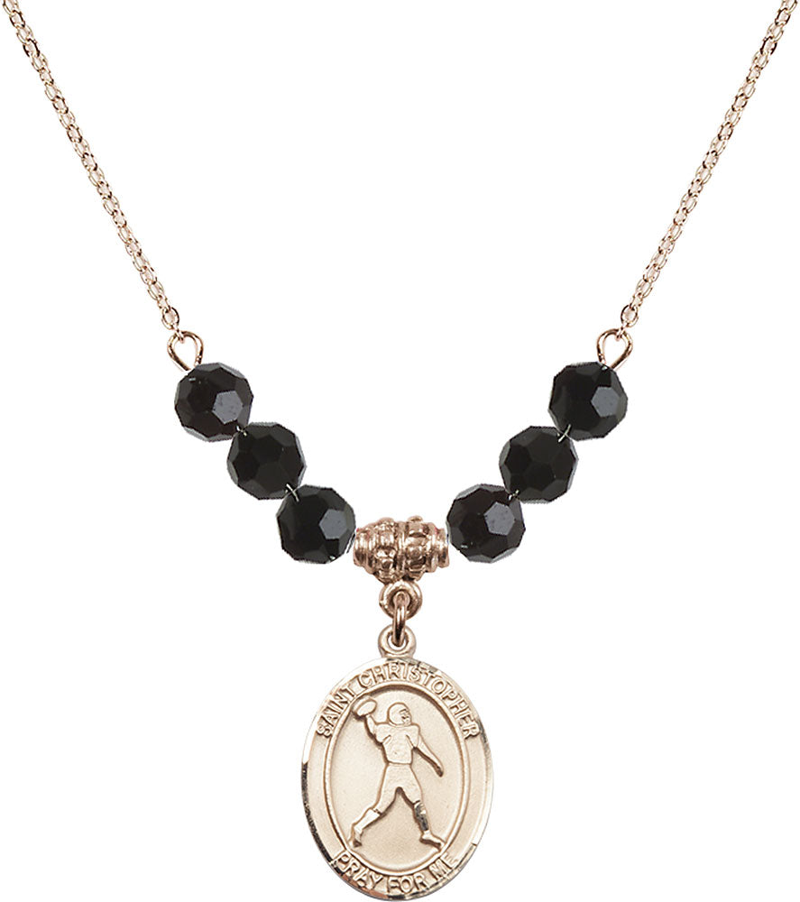 14kt Gold Filled Saint Christopher/Football Birthstone Necklace with Jet Beads - 8151