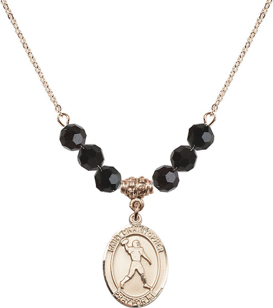 14kt Gold Filled Saint Christopher/Football Birthstone Necklace with Jet Beads - 8151