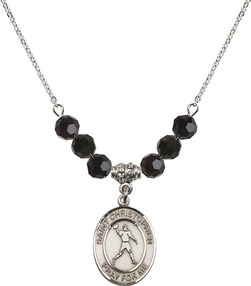 Sterling Silver Saint Christopher/Football Birthstone Necklace with Jet Beads - 8151