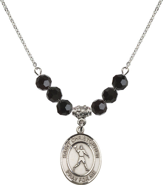 Sterling Silver Saint Christopher/Football Birthstone Necklace with Jet Beads - 8151