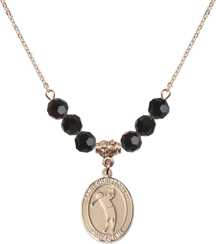 14kt Gold Filled Saint Christopher/Golf Birthstone Necklace with Jet Beads - 8152