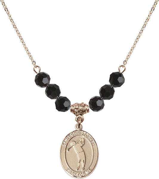 14kt Gold Filled Saint Christopher/Golf Birthstone Necklace with Jet Beads - 8152