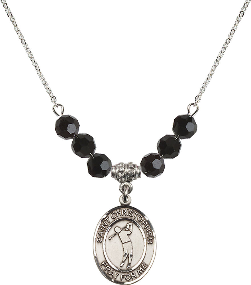 Sterling Silver Saint Christopher/Golf Birthstone Necklace with Jet Beads - 8152