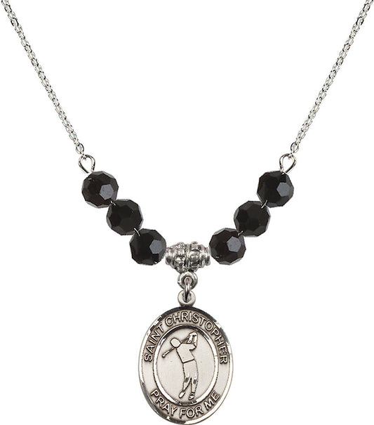 Sterling Silver Saint Christopher/Golf Birthstone Necklace with Jet Beads - 8152