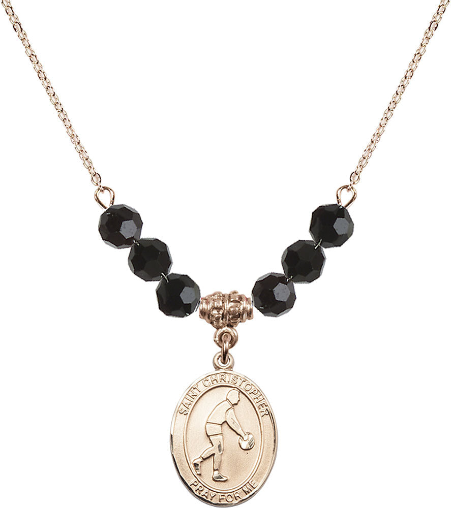 14kt Gold Filled Saint Christopher/Basketball Birthstone Necklace with Jet Beads - 8153