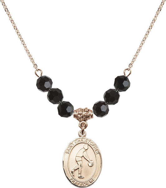 14kt Gold Filled Saint Christopher/Basketball Birthstone Necklace with Jet Beads - 8153